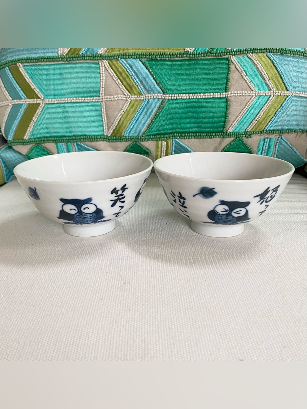 2 Mini Ware Rice Bowls Blue White Owls Emotions & Leaf Japanese Mino Ware